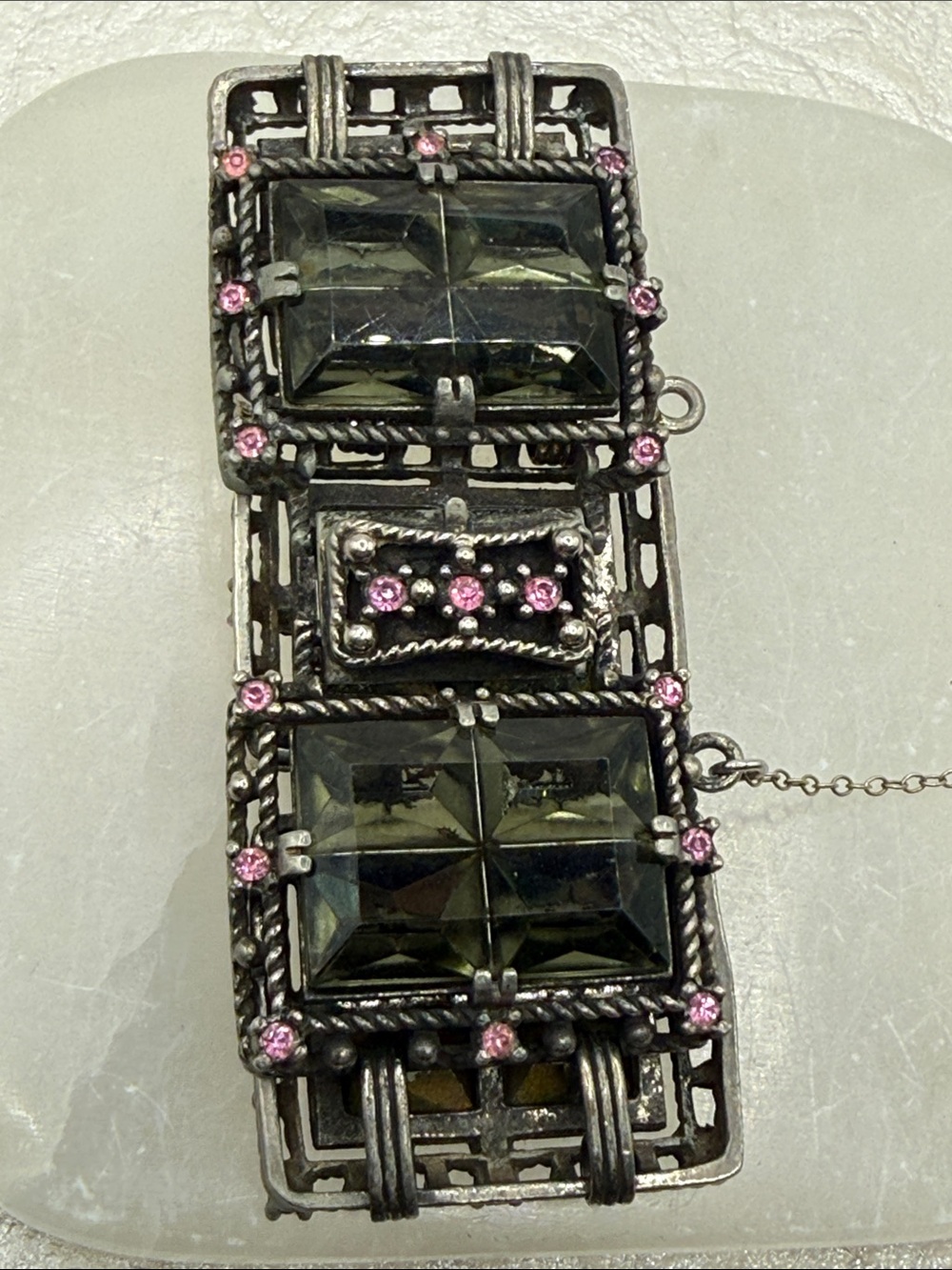 Vintage Sarah Coventry midnight magic Green Glass & Pink Statement Bracelet